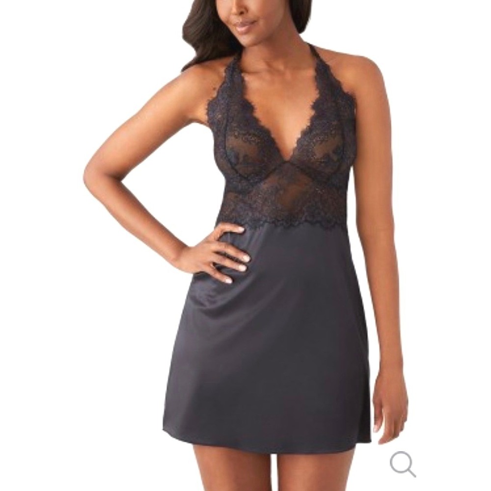 Wacoal 831323 Black Satin and Lace Halter Chemise Nightgown Womens Medium NEW